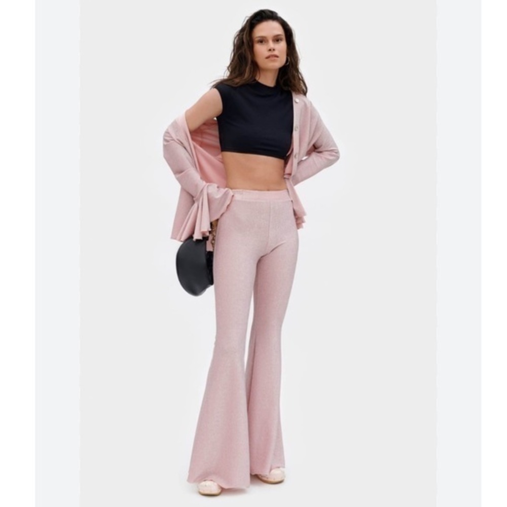 SLEEPER Pants Lurex Lounge Flare in Metallic Pink